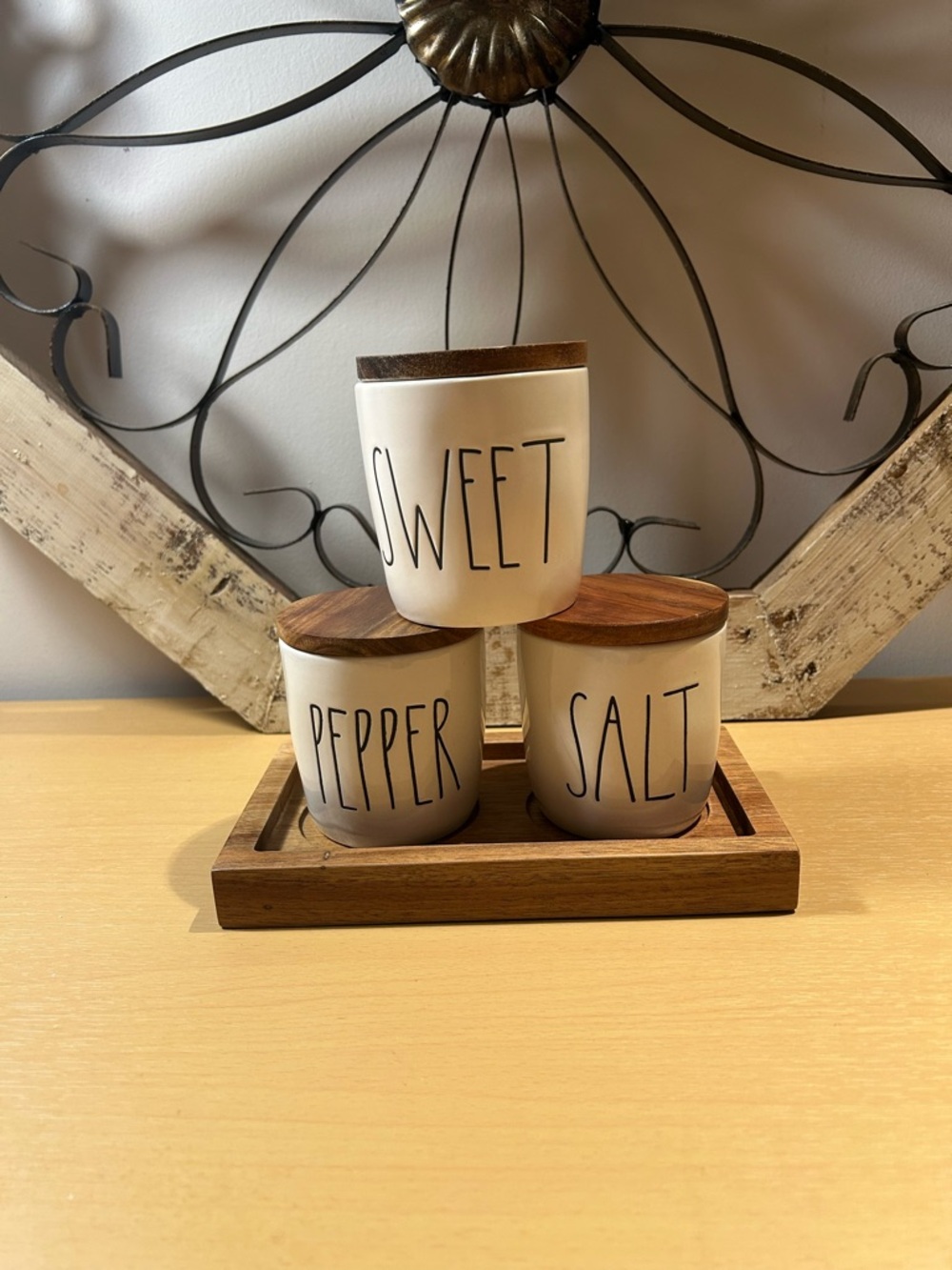 RAE DUNN SALT PEPPER AND SWEET mini jars with wooden lids